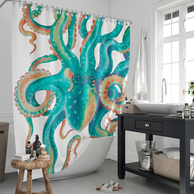 Cortina De Ducha Arte de cuatricromía Verde azulado Octopus (Subido por el creador)