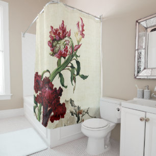 Cortina De Ducha Arte de Flor de Cresta de Gallo Roja Chinoiserie V