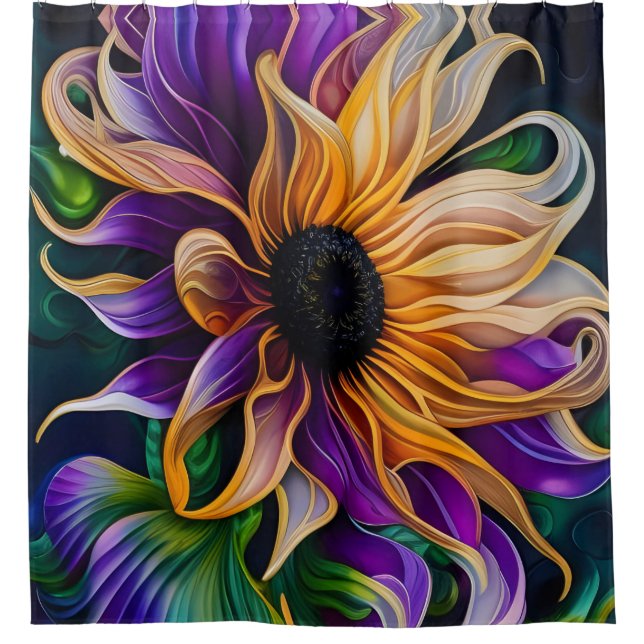 Cortina De Ducha Arte de girasol morado y dorado (Anverso)