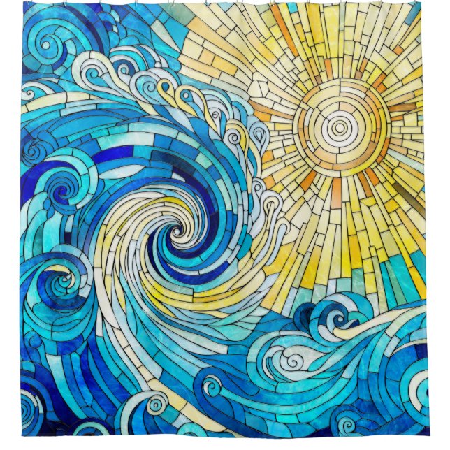 Cortina De Ducha Arte de mosaico de Ocean Wave Sun (Anverso)