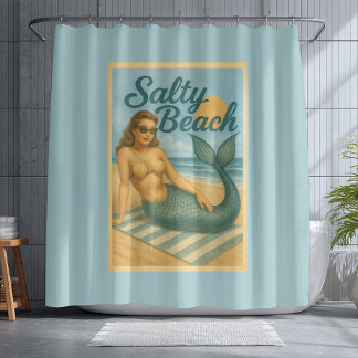 Cortina De Ducha Arte de sirena pin-up de playa salada retro coster