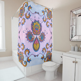 Cortina De Ducha Arte floral azul y morado en Mehndi Blue Bliss