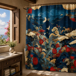 Cortina De Ducha Arte floral de baño de lujo inspirado en Japón