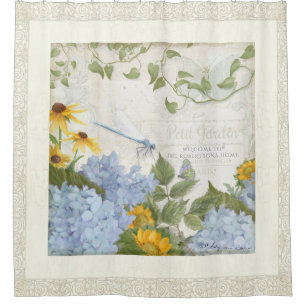 Cortina De Ducha Arte floral de la libélula del vintage del cortij
