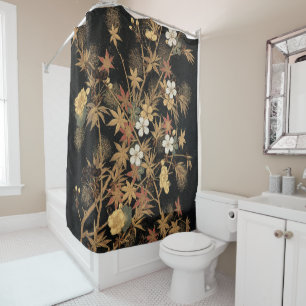Cortina De Ducha Arte Floral de Otoño Vintage Japonés Negro Dorado