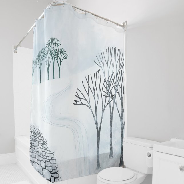 Cortina De Ducha Arte paisajístico de nieve de invierno (Winter landscape scene trees and snow art shower curtain)