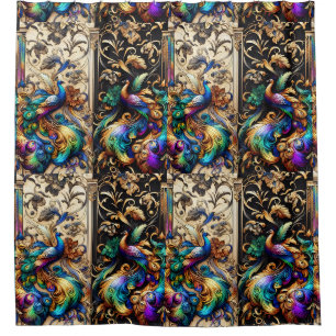 Cortina De Ducha Arte Retro Deco Arte Nuevo Arcoíris Pavos Reales