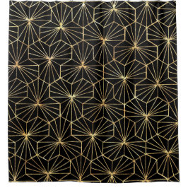 Cortina De Ducha Arte Retro Deco Negro Patrón Geométrico Dorado