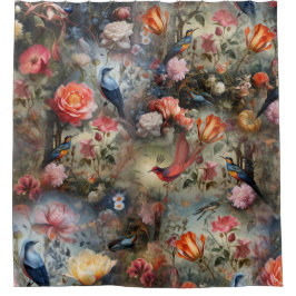 Cortina De Ducha Arte surrealista con flores y aves