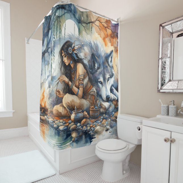 Cortina De Ducha Artesanías nativas indias cerca del río al atardec (In situ)