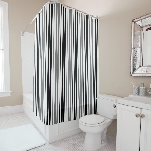 Cortina De Ducha Ash Gray Black White Stripes Pattern   (In situ)