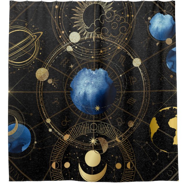 Cortina De Ducha Astrología Celestial de Velvet Negro (Anverso)