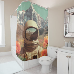 Cortina De Ducha Astronauta Surrealista en Campo de Flores