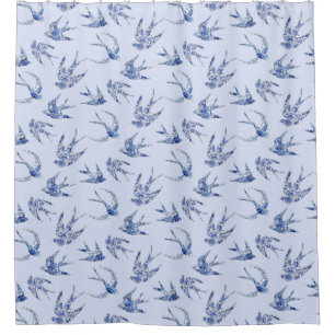 Cortina De Ducha Ave Tragada Floral Azul Blanco Vintado Chinoiserie