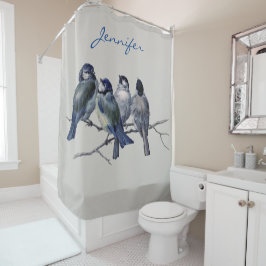 Cortina De Ducha Aves azules y grises encantadoras en una vintage s