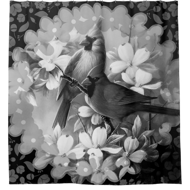 Cortina De Ducha Aves cardenales blancos y negros de época (Anverso)