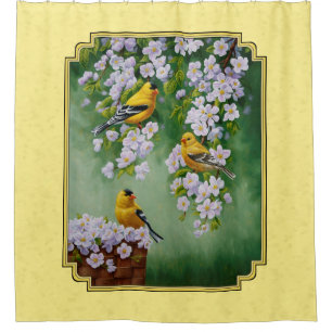 Cortina De Ducha Aves de Goldfinch y flores de Apple amarillo