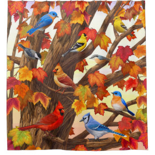Cortina De Ducha Aves en el árbol de arce de otoño