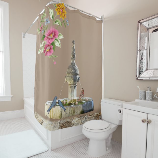 Cortina de ducha Aves florales Stones Beige (In situ)