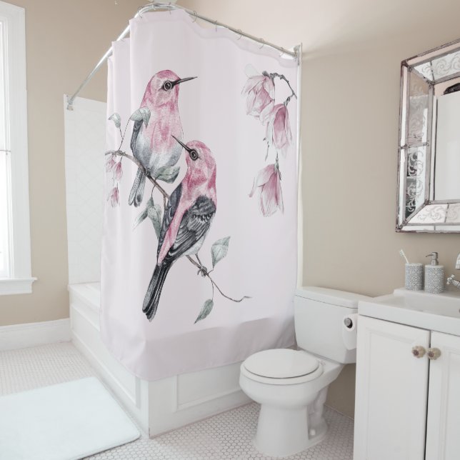 Cortina De Ducha Aves y flores rosas en acuarela (In situ)