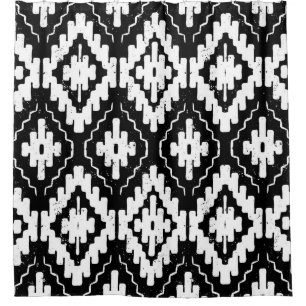 Cortina De Ducha Azteca Black-White: Impresión étnica vintage.