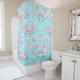 Cortina De Ducha Azul Acuático Vintage Toile De Jouy Floral