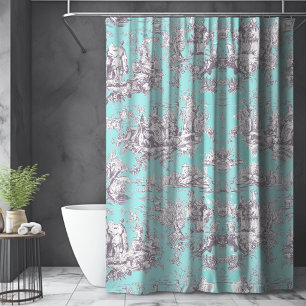 Cortina De Ducha Azul Acuático Vintage Toile De Jouy Floral