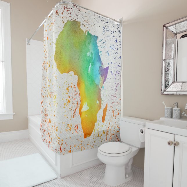 Cortina De Ducha Azul, amarillo y verde acuarela África (In situ)