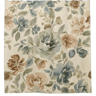 Cortina De Ducha Azul Antiguo Marrón Sage Beige Floral Acuarela