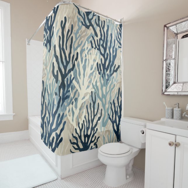 Cortina De Ducha Azul Beige Coral (In situ)