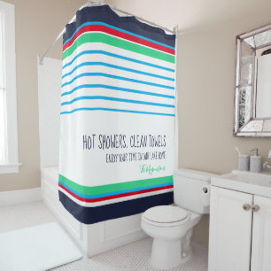 Cortina De Ducha Azul blanco verde azulado rayas rojas personalizad