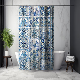 Cortina De Ducha Azul Chic Blanco Toile De Jouy Muñecas Flores
