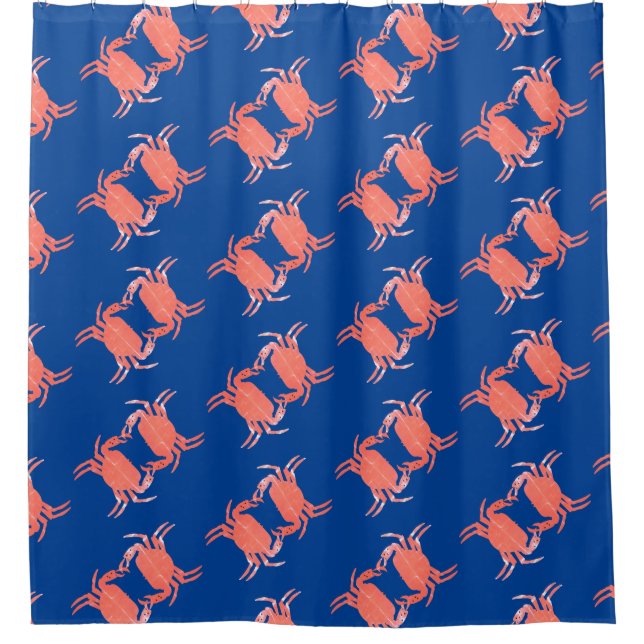 Cortina de ducha azul con estampado de cangrejo (Anverso)