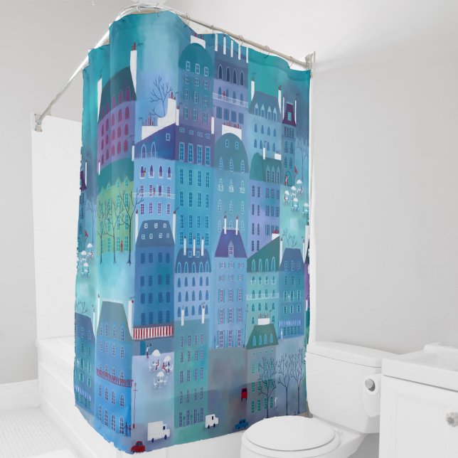 Cortina De Ducha Azul de París (Painting of Paris France in blue and green. French cityscape art shower curtain.)