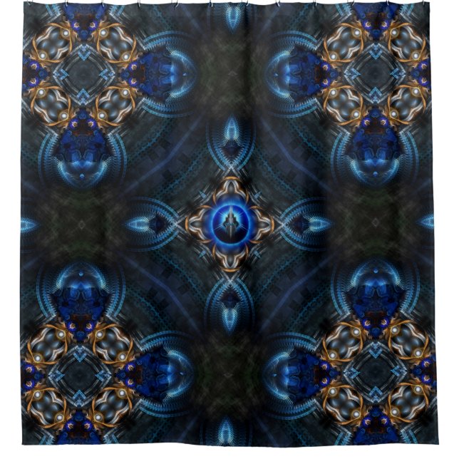 Cortina de ducha azul dorada Kaleidoscope (Anverso)