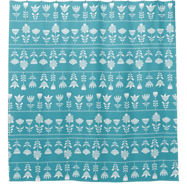 Cortina De Ducha Azul escandinavo con flores blancas (Anverso)