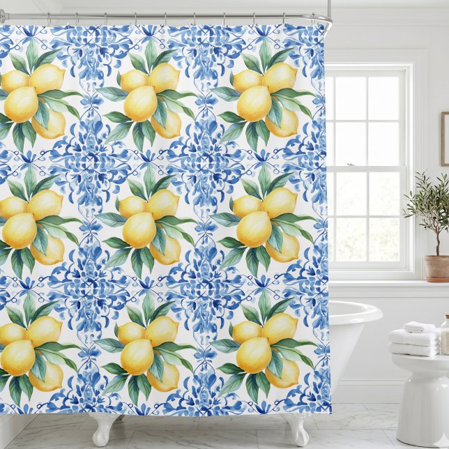 Cortina De Ducha Azul Limón Mediterráneo (mediterranean citrus lemon blue tile french country shower curtain)