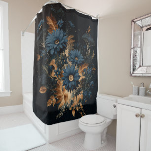 Cortina De Ducha Azul Marino Oscuro y Dorado Floral Rústico Glam Bo