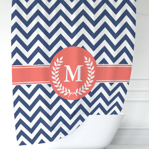 Cortina De Ducha Azul Marino y Coral Chevron Laurel Monograma
