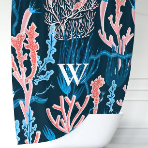 Cortina De Ducha Azul Marino y Coral Oceánico Rosa Monograma Náutic