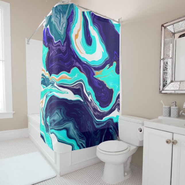 Cortina De Ducha Azul océano Verde azulado Swift Marble Fluid Art (In situ)