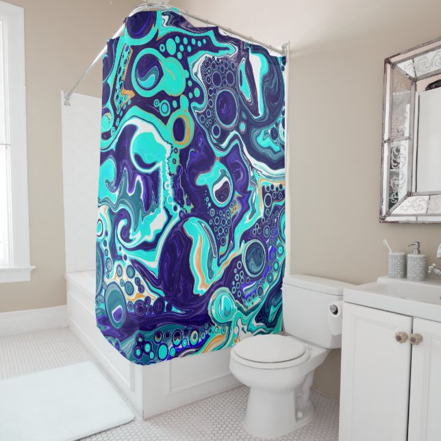 Cortina De Ducha Azul océano Verde azulado Swift Marble Fluid Art (In situ)