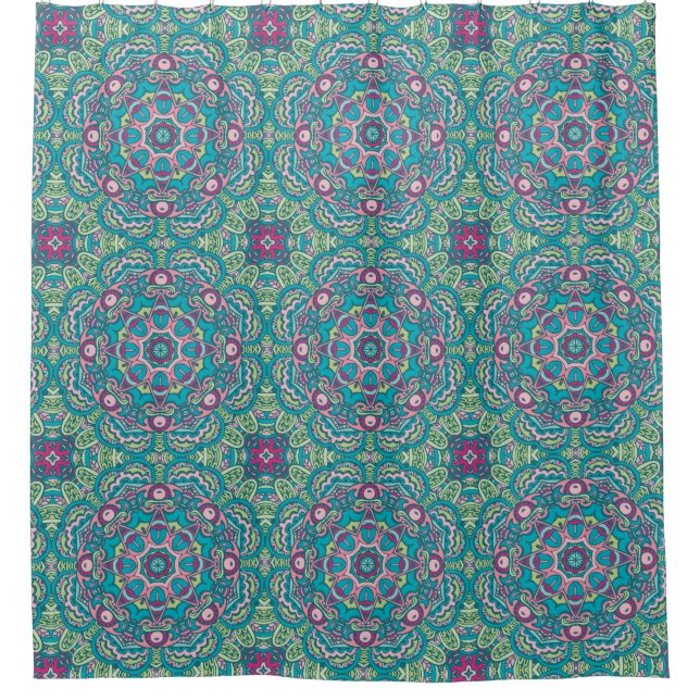 Cortina de ducha azul rosa Mandalas (Anverso)
