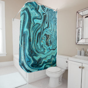 Cortina De Ducha Azul Turquesa y Dorado Chic Remolino Moderno Abstr