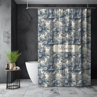 Cortina De Ducha Azul Vintage Chic Toile Floral Monograma