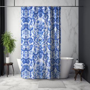 Cortina De Ducha Azul Vintage Toile de Jouy Escénico Monograma