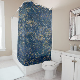 Cortina De Ducha Azul y Dorado Glam Moderno Salpicado