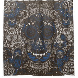 Cortina De Ducha Azul y línea arte del cráneo del azúcar de Brown