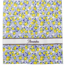 Cortina De Ducha Azulejo Azul Nombre Monograma País Francés Limón