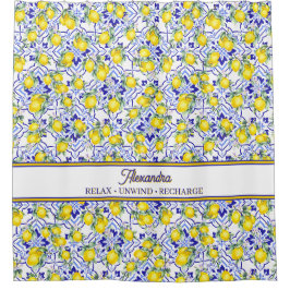 Cortina De Ducha Azulejo Azul Nombre Monograma País Francés Limón